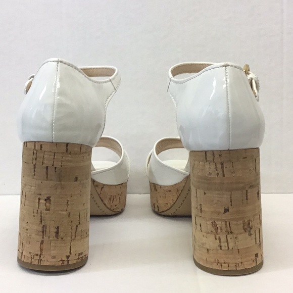 PRADA White Patent Block Heel Sandal Gold Hardware - Picture 4 of 13